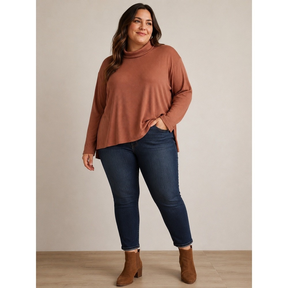 Brown Ribbed Turtleneck Tunic Sweater Plus Size 4X Side Slit Lightweight NWT